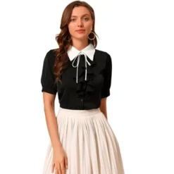Allegra K Women's Contrast Collar Tie Ruffle Front Button Short Sleeve Work Shirt 14 Allegra K Women's Contrast Collar Tie Ruffle Front Button Short Sleeve Work Shirt -Women Clothing Shop GUEST c503ebd4 233e 4b84 9d43 a4cd694c1320