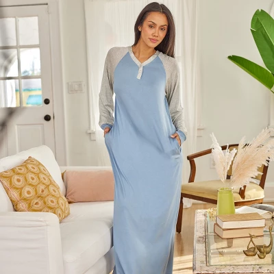 Women's Soft Knit Nightgown, Full Length Long Henley Night Shirt Pajama Top With Pockets 2 Women's Soft Knit Nightgown, Full Length Long Henley Night Shirt Pajama Top With Pockets - Image 2