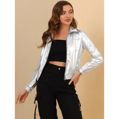 Allegra K Women's Track Holographic Shiny Long Sleeve Metallic Zip Front Jacket 2 Allegra K Women's Track Holographic Shiny Long Sleeve Metallic Zip Front Jacket - Image 2