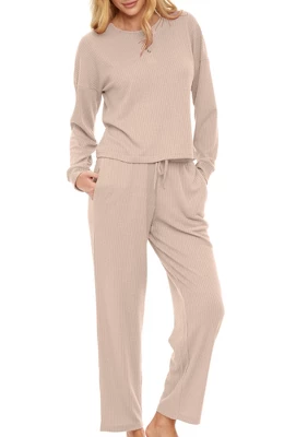 Women's Soft Ribbed Waffle Rib Knit Henley Pajamas Lounge Set, Lounge Sleeve Top And Pants With Pockets, Drawstring 7 Women's Soft Ribbed Waffle Rib Knit Henley Pajamas Lounge Set, Lounge Sleeve Top And Pants With Pockets, Drawstring - Image 7