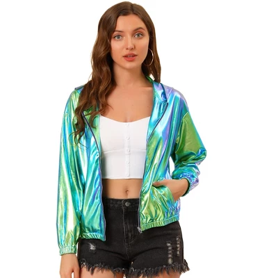 Allegra K Women's Holographic Shiny Long Sleeve Zipper Hooded Metallic Jacket 8 Allegra K Women's Holographic Shiny Long Sleeve Zipper Hooded Metallic Jacket - Image 8