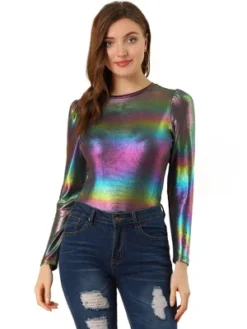 Allegra K Women's Long Sleeve Sparkly Party Glitter Shiny Metallic Tops -Women Clothing Shop GUEST d16934d9 7e0c 43a6 9cc1 2b492e1834cf