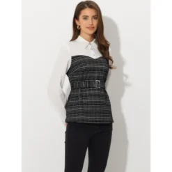 Allegra K Women's Elegant Tweed Plaid Contrast Panel Belted Long Sleeve Blouse