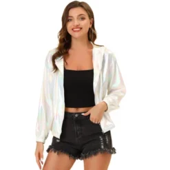 Allegra K Women's Holographic Shiny Long Sleeve Zipper Hooded Metallic Jacket 26 Allegra K Women's Holographic Shiny Long Sleeve Zipper Hooded Metallic Jacket -Women Clothing Shop GUEST d2c88324 369c 4f37 8e20 986e8a68764a