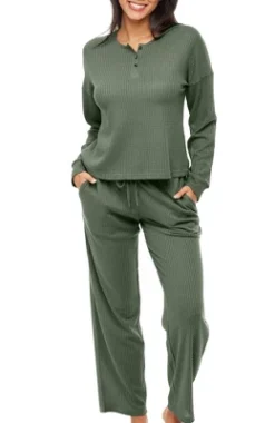 Women's Soft Ribbed Waffle Rib Knit Henley Pajamas Lounge Set, Lounge Sleeve Top And Pants With Pockets, Drawstring 23 Women's Soft Ribbed Waffle Rib Knit Henley Pajamas Lounge Set, Lounge Sleeve Top And Pants With Pockets, Drawstring -Women Clothing Shop GUEST d54b4658 6654 46df ade9 7d9602f99801