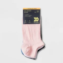 Women's Lightweight Mesh Striped L-Band 6+1 Bonus Pack No Show Athletic Socks - All In Motion™ Pink/Blue/Gray/White 4-10