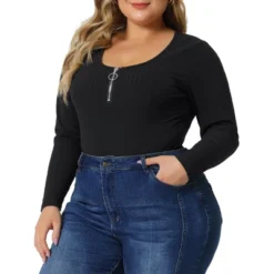 Agnes Orinda Women's Plus Size Zipper Deep Scoop Neck Long Sleeve Tops Bodysuit Jumpsuit -Women Clothing Shop GUEST e0008e4f 3ca2 4f91 ad70 22c80efec488