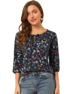 Allegra K Women's Bow Tie Round Neck 3/4 Raglan Sleeve Floral Blouse Tops -Women Clothing Shop GUEST e3f61d97 f39f 449e a5da e6f6b0f7eeb9