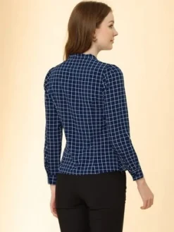 Allegra K Women's Elegant Bow Tie Neck Puff Long Sleeve Plaid Top Work Shirt Blouse -Women Clothing Shop GUEST e5094724 4af6 4963 af30 973466d82442