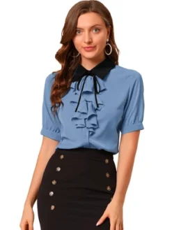 Allegra K Women's Contrast Collar Tie Ruffle Front Button Short Sleeve Work Shirt 13 Allegra K Women's Contrast Collar Tie Ruffle Front Button Short Sleeve Work Shirt -Women Clothing Shop GUEST e8b97bce c31d 4669 bdde a734096e31b2