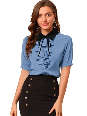 Allegra K Women's Contrast Collar Tie Ruffle Front Button Short Sleeve Work Shirt 6 Allegra K Women's Contrast Collar Tie Ruffle Front Button Short Sleeve Work Shirt - Image 6