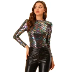 Allegra K Women's Long Sleeve Sparkly Party Glitter Shiny Metallic Tops -Women Clothing Shop GUEST ebab14d0 f363 419e 8a1f dd366ef1cdfe