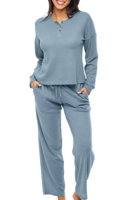 Women's Soft Ribbed Waffle Rib Knit Henley Pajamas Lounge Set, Lounge Sleeve Top And Pants With Pockets, Drawstring 10 Women's Soft Ribbed Waffle Rib Knit Henley Pajamas Lounge Set, Lounge Sleeve Top And Pants With Pockets, Drawstring - Image 10