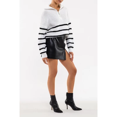 August Sky Women's Half Zip Mock Neck Breton Stripe Pullover Sweater 2 August Sky Women's Half Zip Mock Neck Breton Stripe Pullover Sweater - Image 2