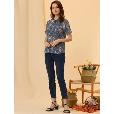 Allegra K Women's Floral Chiffon Ruffle Neck Puff Sleeve Semi-Sheer Button Down Blouse 3 Allegra K Women's Floral Chiffon Ruffle Neck Puff Sleeve Semi-Sheer Button Down Blouse - Image 3