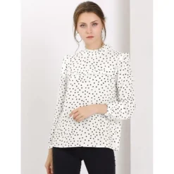 Allegra K Women's Vintage Ruffle Stand Collar Long Sleeves Polka Dots Blouse Top