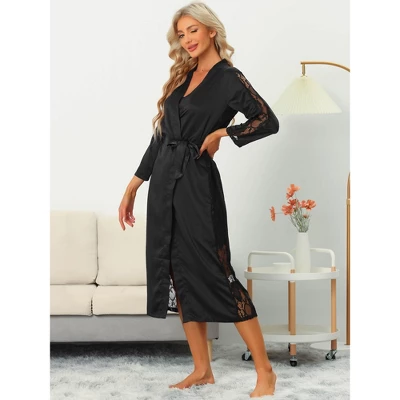 Cheibear Women's Satin Robe Lace Trim Long Sleeve Bridesmaid Gown Bathrobe 1 Cheibear Women's Satin Robe Lace Trim Long Sleeve Bridesmaid Gown Bathrobe