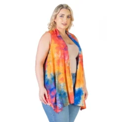 24seven Comfort Apparel Orange Tie Dye Plus Size Open Front Shrug Vest